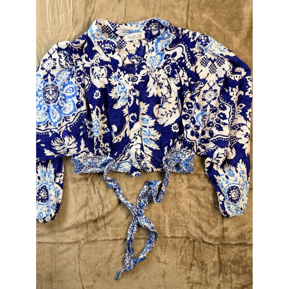 Rachel Zoe Blue White Paisley Floral Cropped Peasant Blouse Balloon Sleeve S